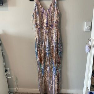20s Iridescent Nude Multicolor Sequin Long Dress
